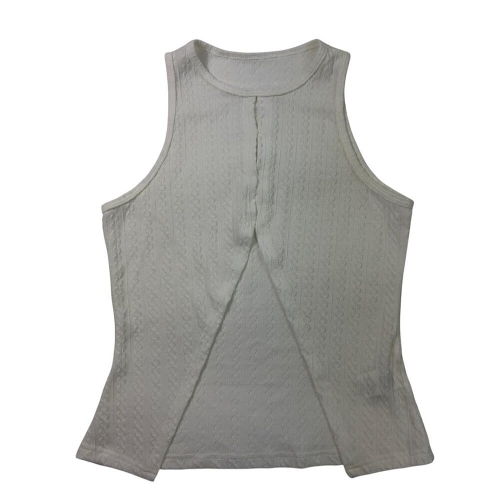 White Textured Sleeveless Split-Front Tank Top Size L